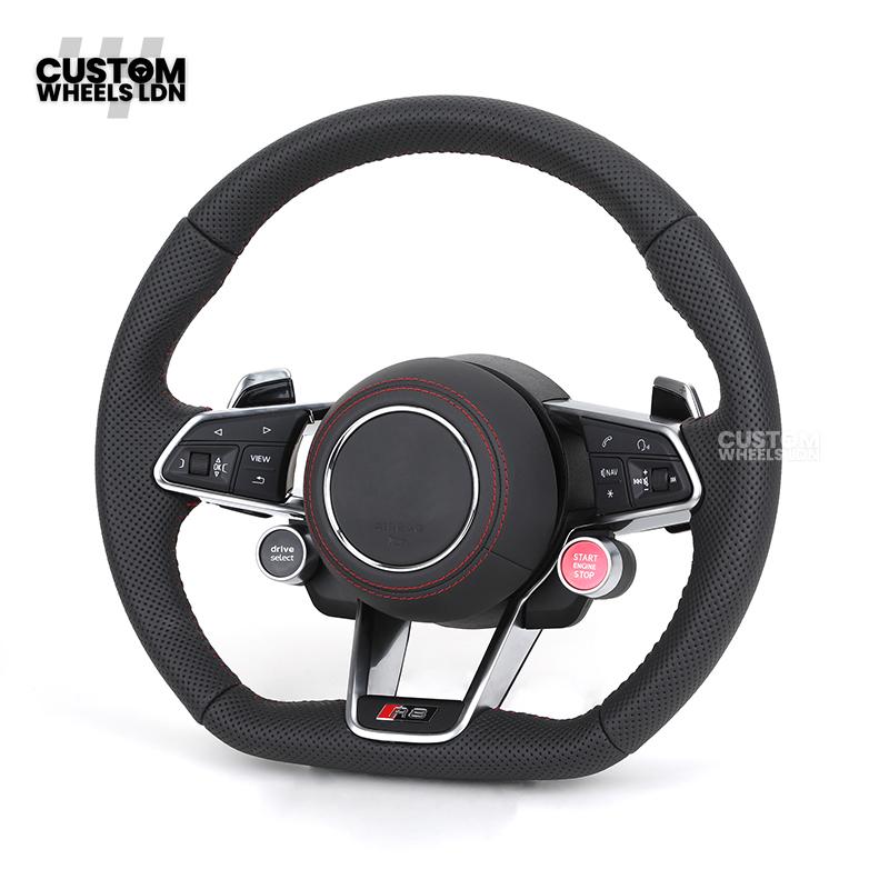 Audi Custom R8-Style Flat Bottom Steering Wheel – Perforated Leather, Red Stitching, Silver Paddles, Start Button | Fits A4, A5, S5, A6, A7, S6, S7, Q5, SQ5 + more | Plug & Play | With Airbag | Upgrade for Older Models Available