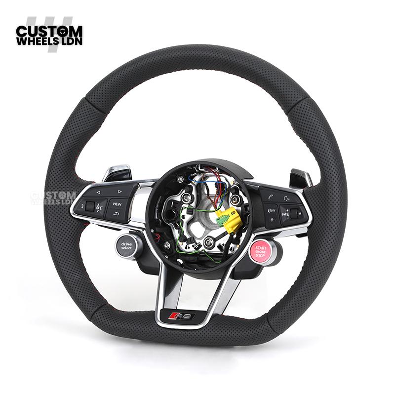 Audi Custom R8-Style Flat Bottom Steering Wheel – Perforated Leather, Red Stitching, Silver Paddles, Start Button | Fits A4, A5, S5, A6, A7, S6, S7, Q5, SQ5 + more | Plug & Play | With Airbag | Upgrade for Older Models Available