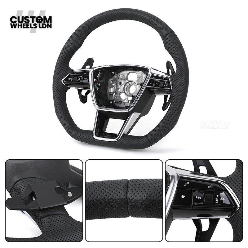 Audi Custom Q/RS Flat Bottom Steering Wheel – Perforated Leather, Black Stitching, Gloss Black Paddles, Chrome Trim | Fits Q3, Q5, SQ5, Q7, Q8, SQ8, RSQ8, A6, A7, S6, S7 + more | Plug & Play | With Airbag | Upgrade for Older Models Available