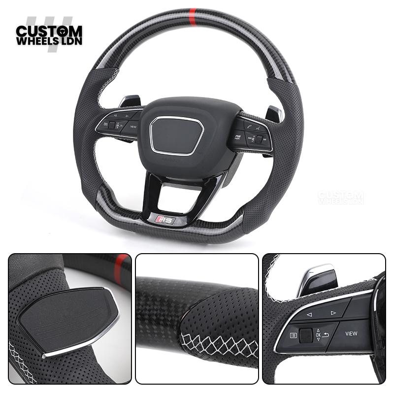 Audi Custom Q/RS Flat Bottom Steering Wheel – Carbon Top & Bottom, Red Centre Stripe, Perforated Leather, Silver Paddles | Fits Q3, Q5, SQ5, Q7, Q8, SQ8, RSQ8, A6, A7, S6, S7 + more | Plug & Play | With Airbag | Upgrade for Older Models Available