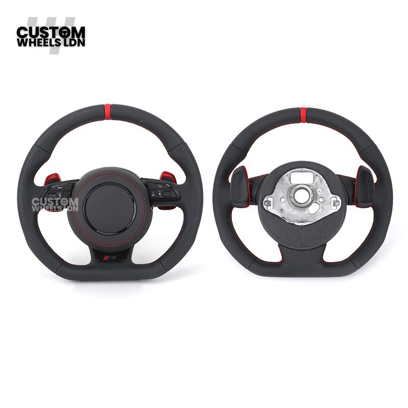 Audi Custom RS3 8V Flat Bottom Steering Wheel – Red Stitching, Red Paddles, Red Centre Stripe | Plug & Play | With Airbag