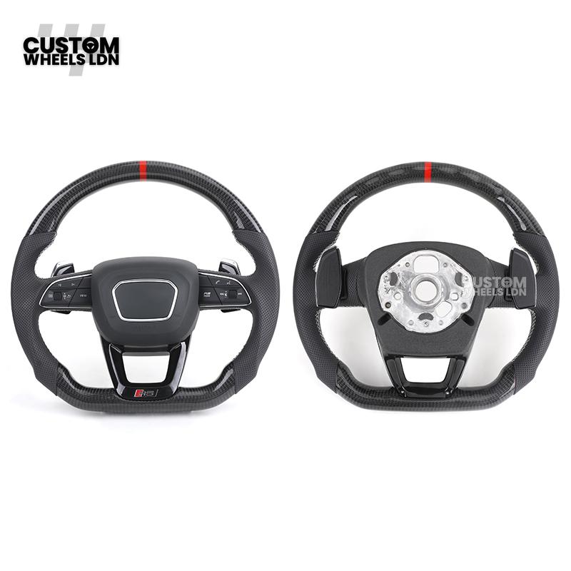 Audi Custom Q/RS Flat Bottom Steering Wheel – Carbon Top & Bottom, Red Centre Stripe, Perforated Leather, Silver Paddles | Fits Q3, Q5, SQ5, Q7, Q8, SQ8, RSQ8, A6, A7, S6, S7 + more | Plug & Play | With Airbag | Upgrade for Older Models Available
