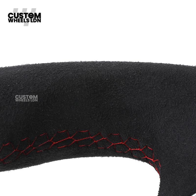 Audi Custom Q/RS Flat Bottom Steering Wheel – Alcantara Grip, Red Stitching, Black Paddles, Silver Trim | Fits Q3, Q5, SQ5, Q7, Q8, A6, A7, S6, S7 + more | Plug & Play | With Airbag | Upgrade for Older Models Available