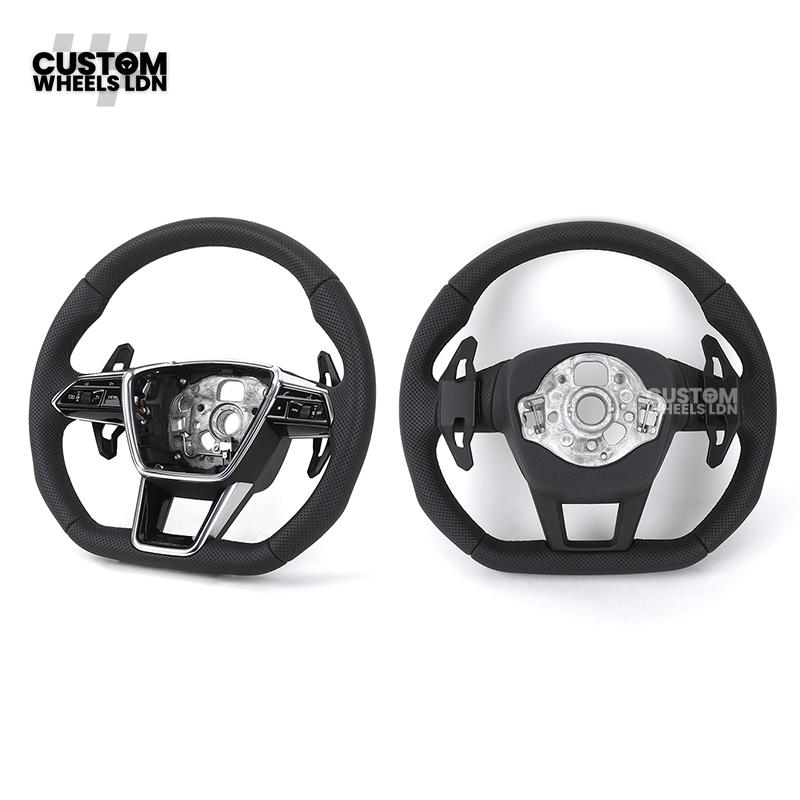 Audi Custom Q/RS Flat Bottom Steering Wheel – Perforated Leather, Black Stitching, Gloss Black Paddles, Chrome Trim | Fits Q3, Q5, SQ5, Q7, Q8, SQ8, RSQ8, A6, A7, S6, S7 + more | Plug & Play | With Airbag | Upgrade for Older Models Available