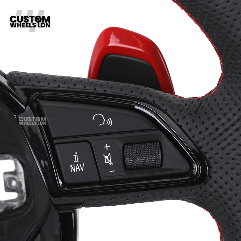 Audi Custom RS3 8V Flat Bottom Steering Wheel – Red Stitching, Red Paddles, Red Centre Stripe | Plug & Play | With Airbag