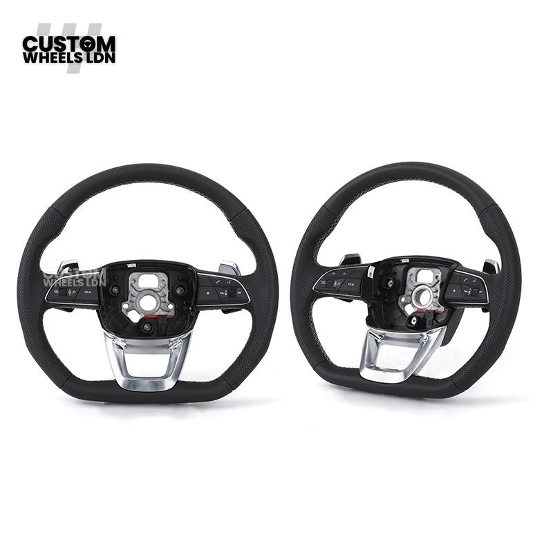 Audi Custom Q/RS Flat Bottom Steering Wheel – Black Leather, White Stitching, Perforated Grips, Silver Paddles | Fits Q3, Q5, SQ5, Q7, Q8, SQ8, RSQ8, A6, A7, S6, S7 + more | Plug & Play | With Airbag | Upgrade for Older Models Available