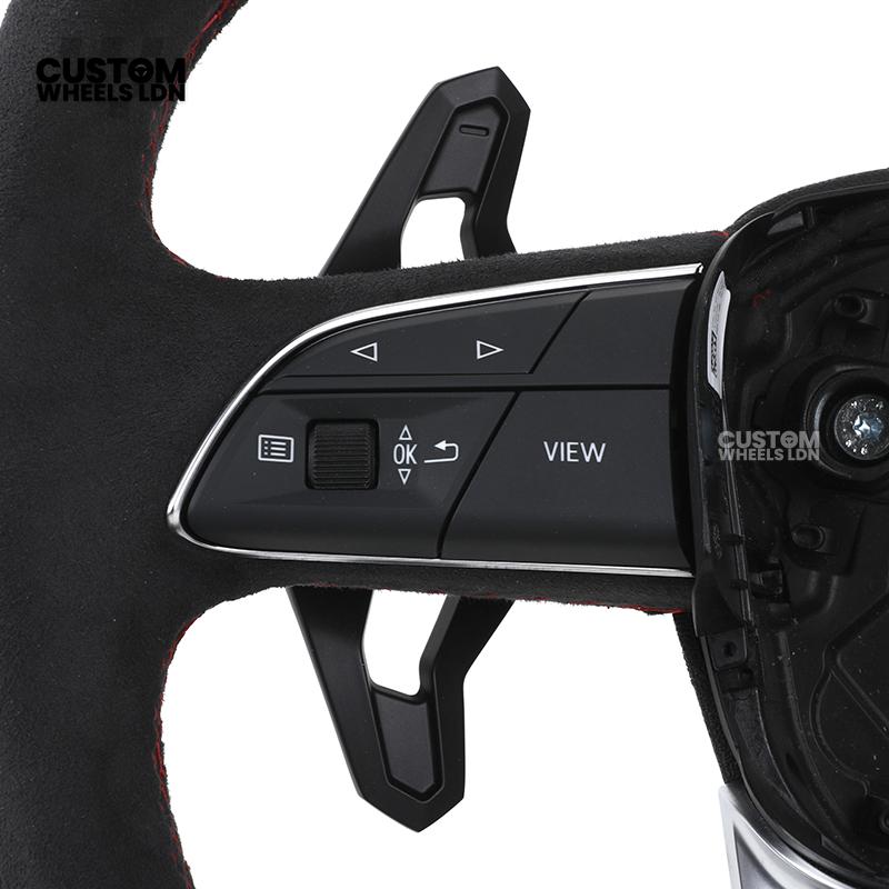 Audi Custom Q/RS Flat Bottom Steering Wheel – Alcantara Grip, Red Stitching, Black Paddles, Silver Trim | Fits Q3, Q5, SQ5, Q7, Q8, A6, A7, S6, S7 + more | Plug & Play | With Airbag | Upgrade for Older Models Available