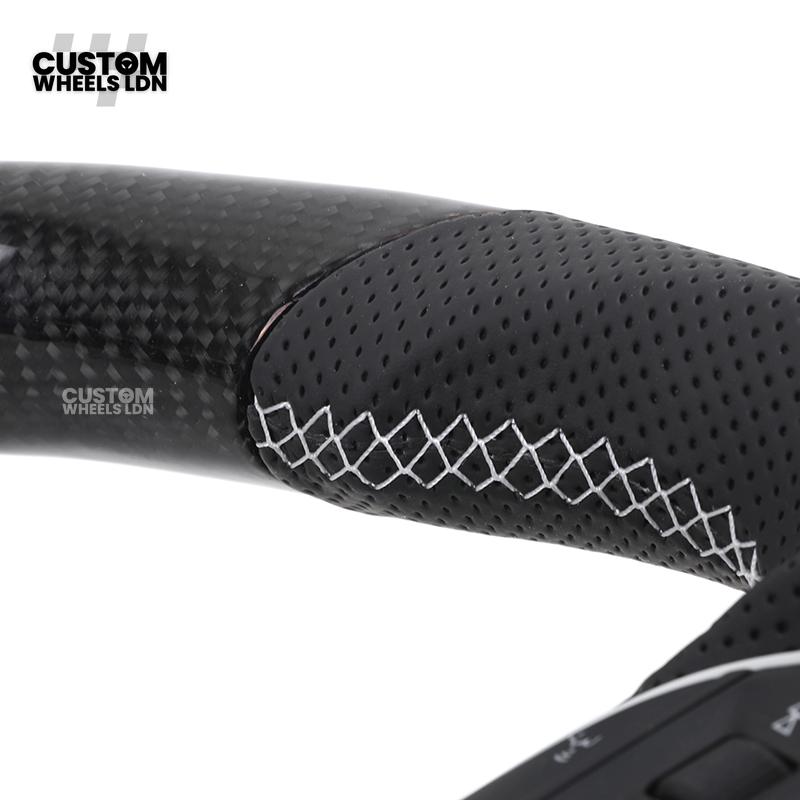 Audi Custom Q/RS Flat Bottom Steering Wheel – Carbon Top & Bottom, Red Centre Stripe, Perforated Leather, Silver Paddles | Fits Q3, Q5, SQ5, Q7, Q8, SQ8, RSQ8, A6, A7, S6, S7 + more | Plug & Play | With Airbag | Upgrade for Older Models Available