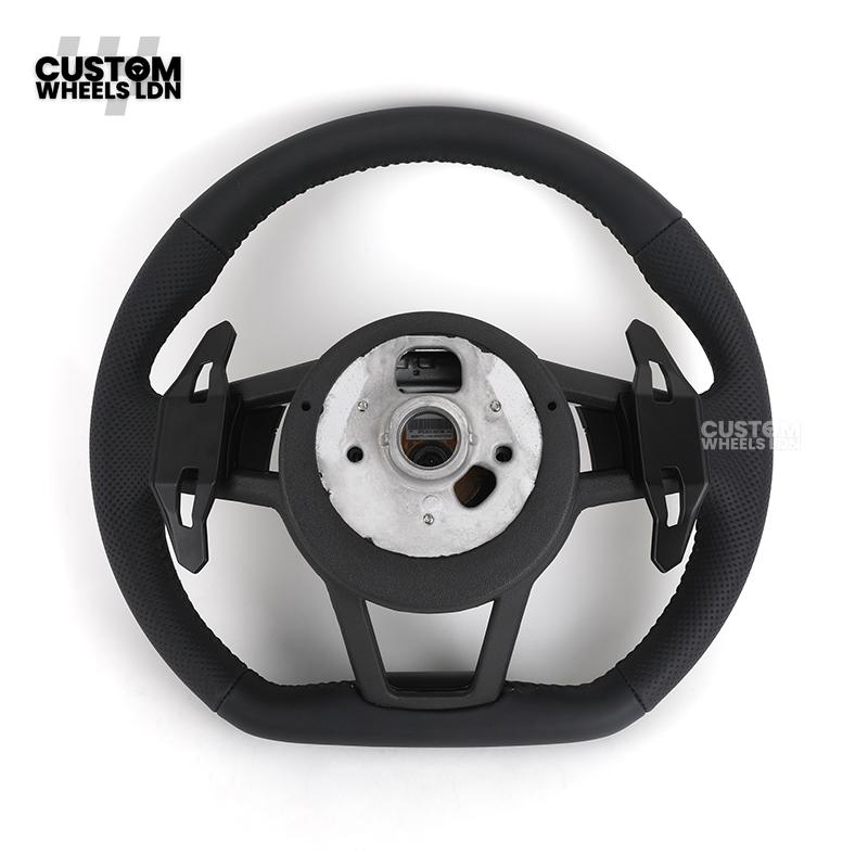 Audi Custom R8-Style Flat Bottom Steering Wheel – Black Leather, Black Stitching, Black Paddles | Fits A4, A5, S5, A6, A7, S6, S7, Q5, SQ5 + more | Plug & Play | With Airbag | Upgrade for Older Models Available