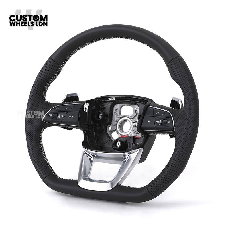 Audi Custom Q/RS Flat Bottom Steering Wheel – Black Leather, White Stitching, Perforated Grips, Silver Paddles | Fits Q3, Q5, SQ5, Q7, Q8, SQ8, RSQ8, A6, A7, S6, S7 + more | Plug & Play | With Airbag | Upgrade for Older Models Available