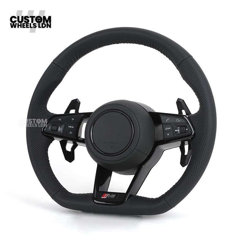Audi Custom R8-Style Flat Bottom Steering Wheel – Black Leather, Black Stitching, Black Paddles | Fits A4, A5, S5, A6, A7, S6, S7, Q5, SQ5 + more | Plug & Play | With Airbag | Upgrade for Older Models Available