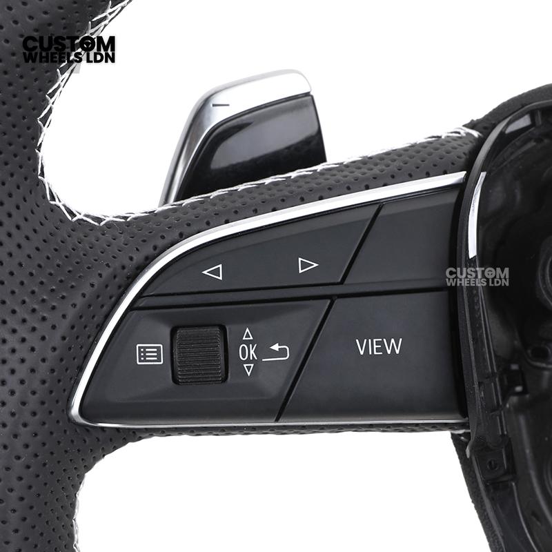Audi Custom Q/RS Flat Bottom Steering Wheel – Carbon Top & Bottom, Red Centre Stripe, Perforated Leather, Silver Paddles | Fits Q3, Q5, SQ5, Q7, Q8, SQ8, RSQ8, A6, A7, S6, S7 + more | Plug & Play | With Airbag | Upgrade for Older Models Available