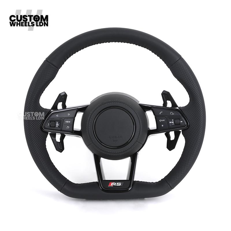 Audi Custom R8-Style Flat Bottom Steering Wheel – Black Leather, Black Stitching, Black Paddles | Fits A4, A5, S5, A6, A7, S6, S7, Q5, SQ5 + more | Plug & Play | With Airbag | Upgrade for Older Models Available
