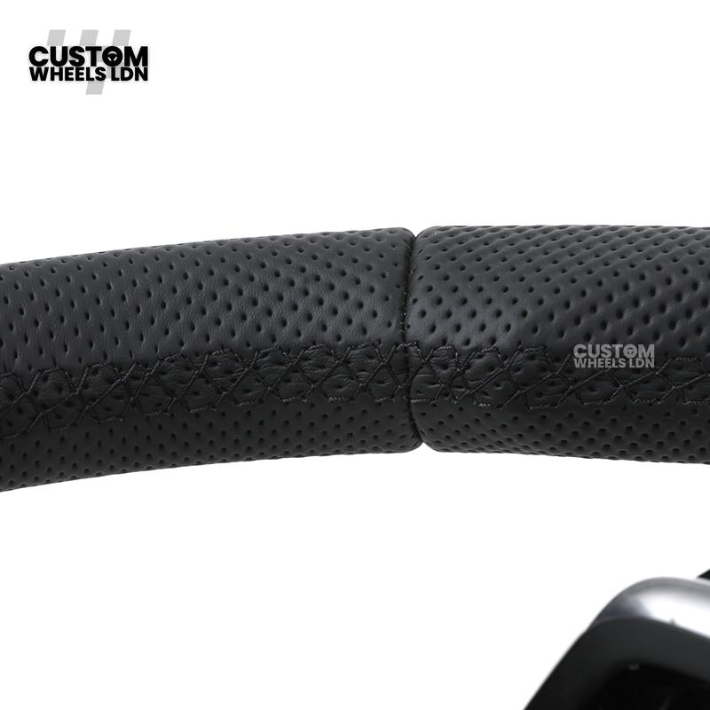 Audi Custom Q/RS Flat Bottom Steering Wheel – Perforated Leather, Black Stitching, Gloss Black Paddles, Chrome Trim | Fits Q3, Q5, SQ5, Q7, Q8, SQ8, RSQ8, A6, A7, S6, S7 + more | Plug & Play | With Airbag | Upgrade for Older Models Available