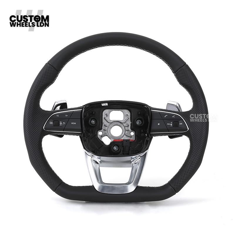 Audi Custom Q/RS Flat Bottom Steering Wheel – Black Leather, White Stitching, Perforated Grips, Silver Paddles | Fits Q3, Q5, SQ5, Q7, Q8, SQ8, RSQ8, A6, A7, S6, S7 + more | Plug & Play | With Airbag | Upgrade for Older Models Available