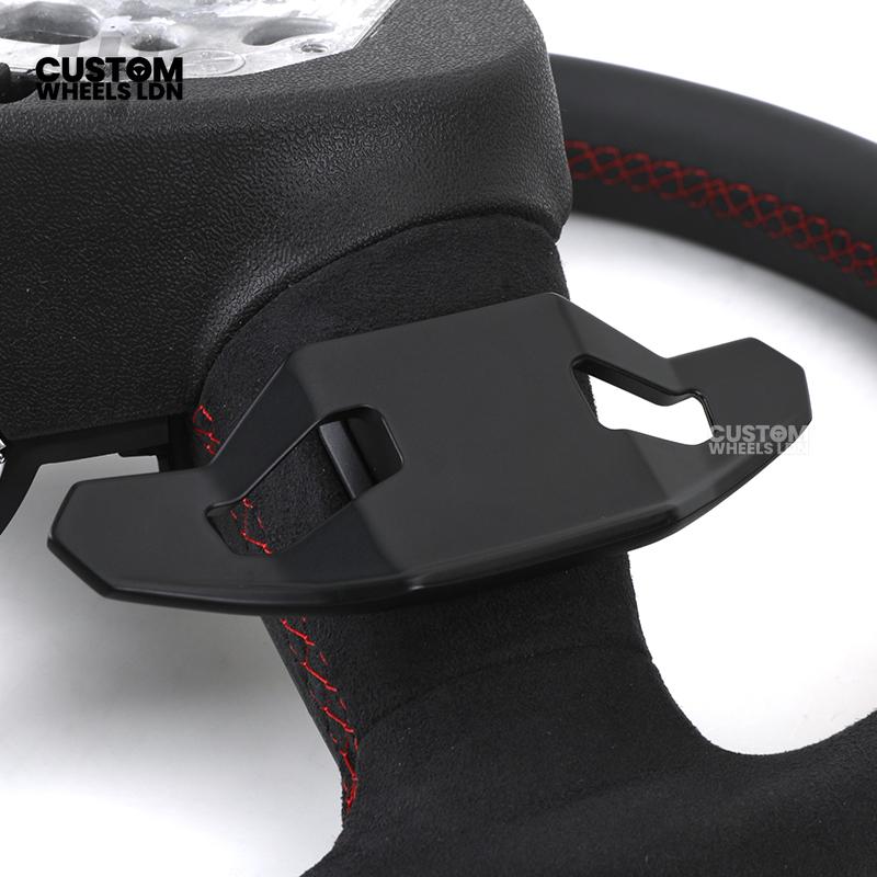 Audi Custom Q/RS Flat Bottom Steering Wheel – Alcantara Grip, Red Stitching, Black Paddles, Silver Trim | Fits Q3, Q5, SQ5, Q7, Q8, A6, A7, S6, S7 + more | Plug & Play | With Airbag | Upgrade for Older Models Available