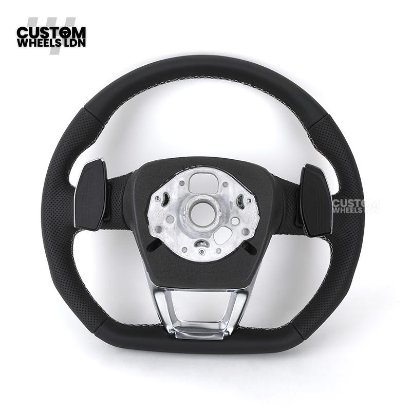 Audi Custom Q/RS Flat Bottom Steering Wheel – Black Leather, White Stitching, Perforated Grips, Silver Paddles | Fits Q3, Q5, SQ5, Q7, Q8, SQ8, RSQ8, A6, A7, S6, S7 + more | Plug & Play | With Airbag | Upgrade for Older Models Available
