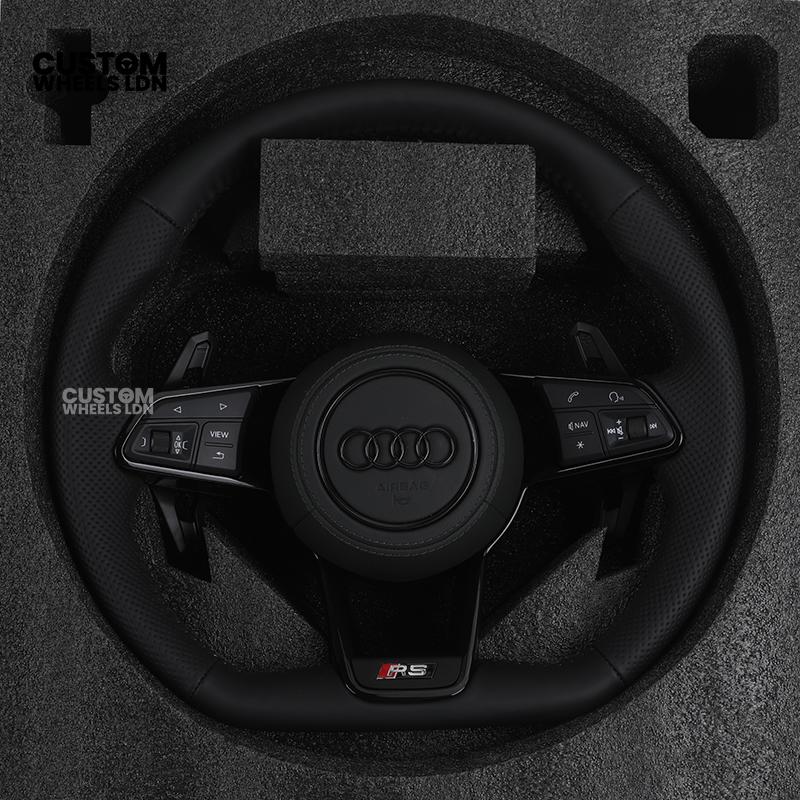 Audi Custom R8-Style Flat Bottom Steering Wheel – Black Leather, Black Stitching, Black Paddles | Fits A4, A5, S5, A6, A7, S6, S7, Q5, SQ5 + more | Plug & Play | With Airbag | Upgrade for Older Models Available