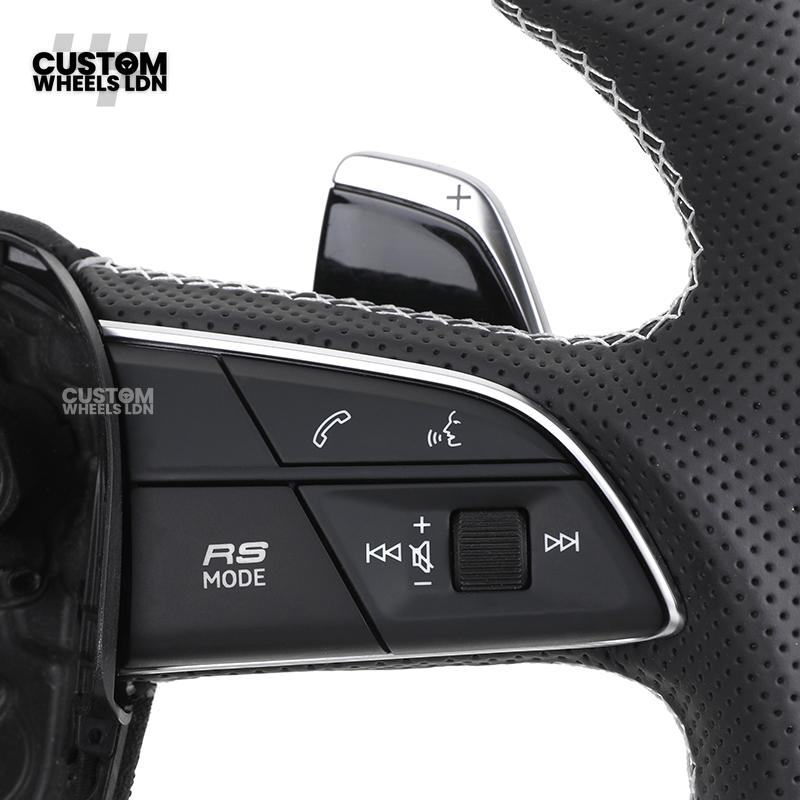 Audi Custom Q/RS Flat Bottom Steering Wheel – Carbon Top & Bottom, Red Centre Stripe, Perforated Leather, Silver Paddles | Fits Q3, Q5, SQ5, Q7, Q8, SQ8, RSQ8, A6, A7, S6, S7 + more | Plug & Play | With Airbag | Upgrade for Older Models Available