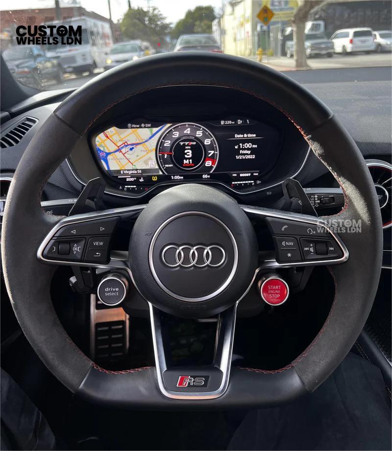 Audi Custom R8-Style Flat Bottom Steering Wheel – Alcantara Grip, Red Centre Stripe, White Stitching, Gloss Black Paddles | Fits A4, A5, S5, A6, A7, S6, S7, Q5, SQ5 + more | Plug & Play | With Airbag | Upgrade for Older Models Available