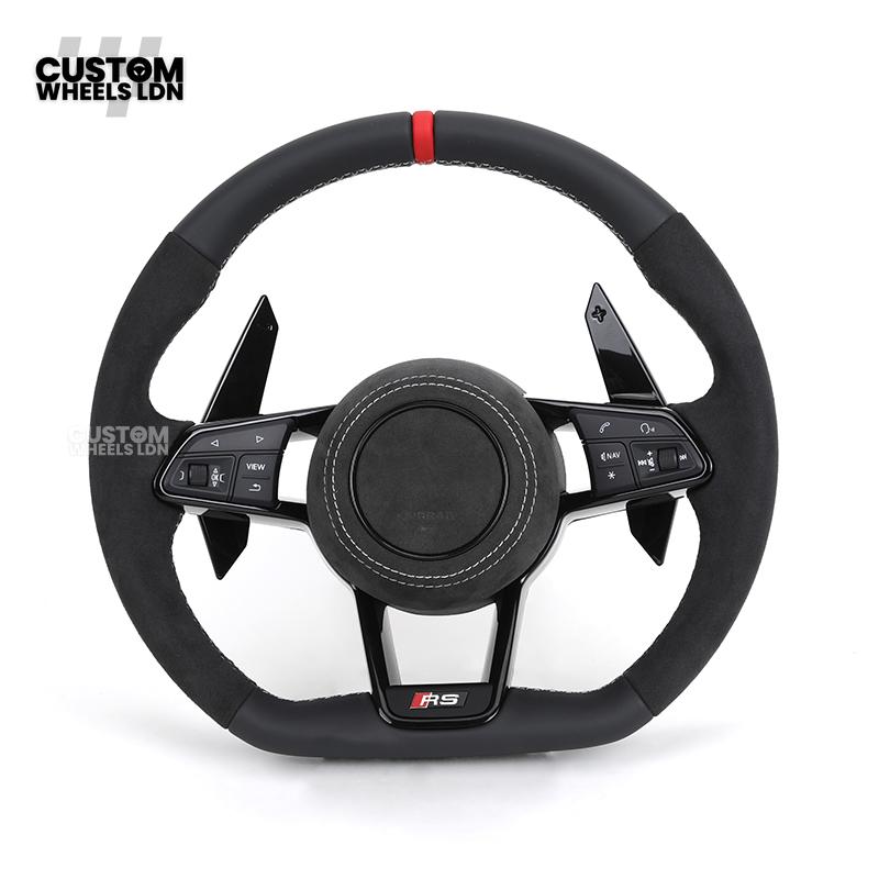 Audi Custom R8-Style Flat Bottom Steering Wheel – Alcantara Grip, Red Centre Stripe, White Stitching, Gloss Black Paddles | Fits A4, A5, S5, A6, A7, S6, S7, Q5, SQ5 + more | Plug & Play | With Airbag | Upgrade for Older Models Available