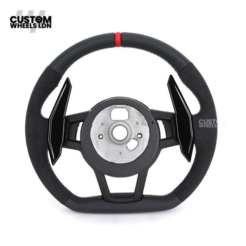 Audi Custom R8-Style Flat Bottom Steering Wheel – Alcantara Grip, Red Centre Stripe, White Stitching, Gloss Black Paddles | Fits A4, A5, S5, A6, A7, S6, S7, Q5, SQ5 + more | Plug & Play | With Airbag | Upgrade for Older Models Available
