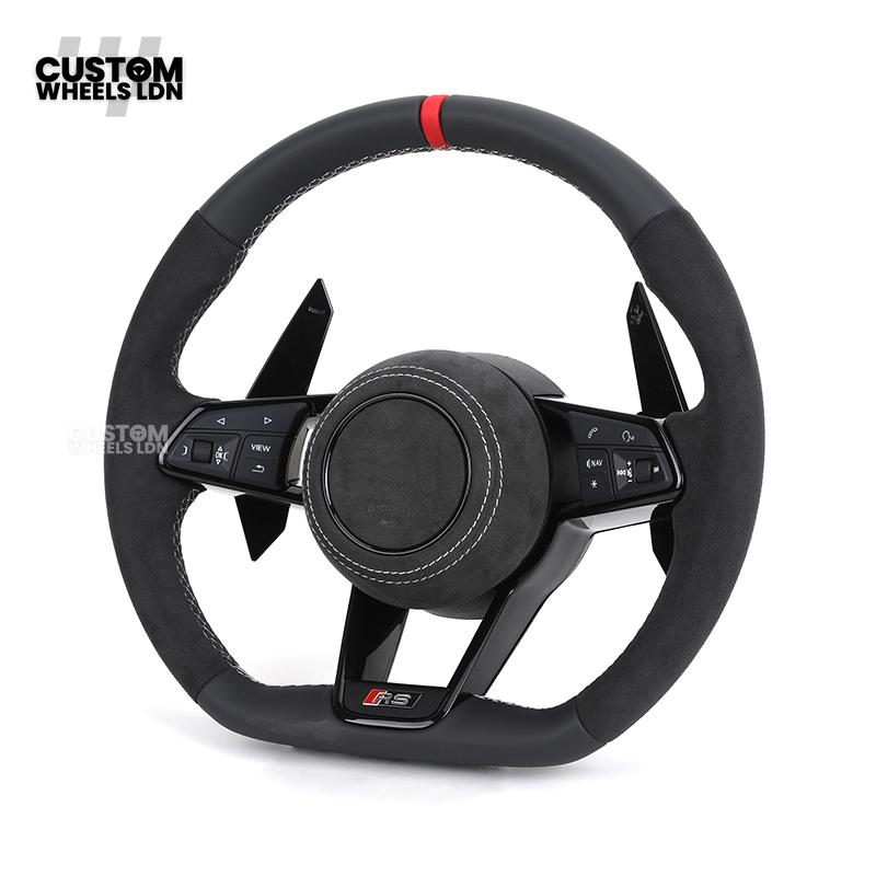 Audi Custom R8-Style Flat Bottom Steering Wheel – Alcantara Grip, Red Centre Stripe, White Stitching, Gloss Black Paddles | Fits A4, A5, S5, A6, A7, S6, S7, Q5, SQ5 + more | Plug & Play | With Airbag | Upgrade for Older Models Available