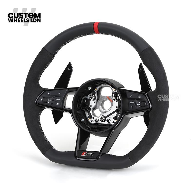 Audi Custom R8-Style Flat Bottom Steering Wheel – Alcantara Grip, Red Centre Stripe, White Stitching, Gloss Black Paddles | Fits A4, A5, S5, A6, A7, S6, S7, Q5, SQ5 + more | Plug & Play | With Airbag | Upgrade for Older Models Available