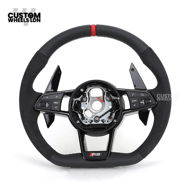 Audi Custom R8-Style Flat Bottom Steering Wheel – Alcantara Grip, Red Centre Stripe, White Stitching, Gloss Black Paddles | Fits A4, A5, S5, A6, A7, S6, S7, Q5, SQ5 + more | Plug & Play | With Airbag | Upgrade for Older Models Available