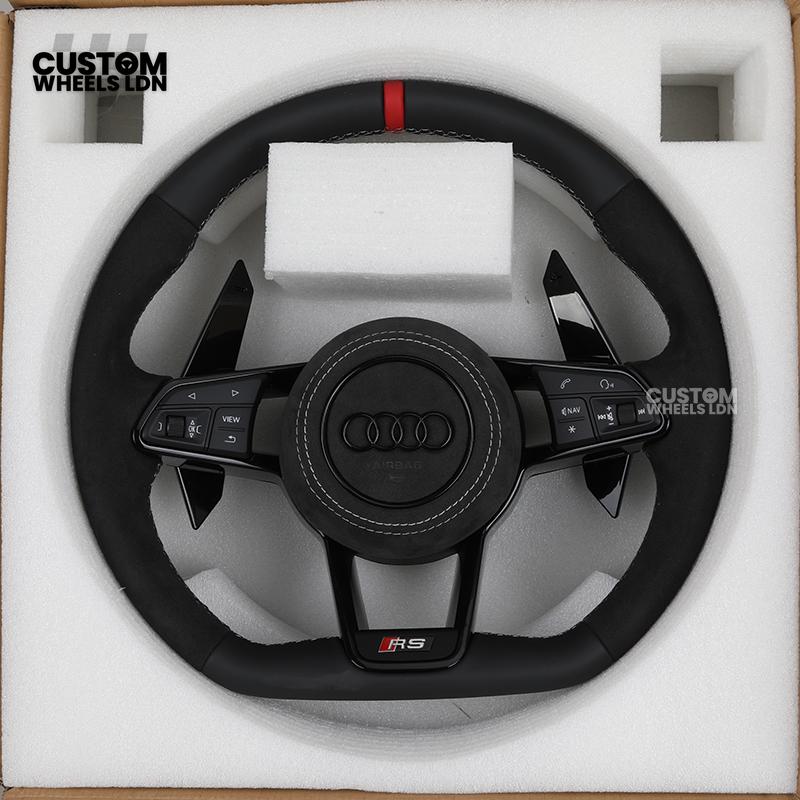 Audi Custom R8-Style Flat Bottom Steering Wheel – Alcantara Grip, Red Centre Stripe, White Stitching, Gloss Black Paddles | Fits A4, A5, S5, A6, A7, S6, S7, Q5, SQ5 + more | Plug & Play | With Airbag | Upgrade for Older Models Available