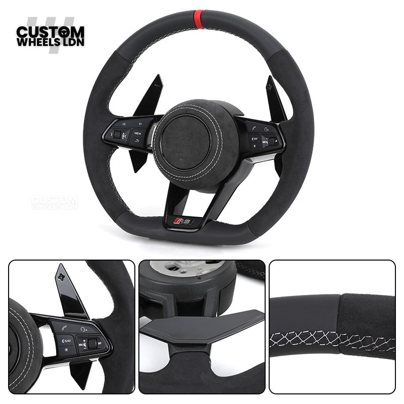Audi Custom R8-Style Flat Bottom Steering Wheel – Alcantara Grip, Red Centre Stripe, White Stitching, Gloss Black Paddles | Fits A4, A5, S5, A6, A7, S6, S7, Q5, SQ5 + more | Plug & Play | With Airbag | Upgrade for Older Models Available