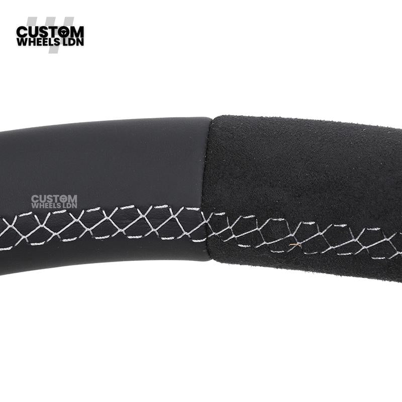 Audi Custom R8-Style Flat Bottom Steering Wheel – Alcantara Grip, Red Centre Stripe, White Stitching, Gloss Black Paddles | Fits A4, A5, S5, A6, A7, S6, S7, Q5, SQ5 + more | Plug & Play | With Airbag | Upgrade for Older Models Available