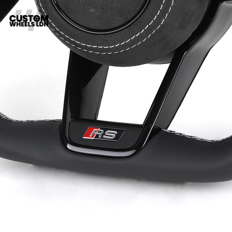 Audi Custom R8-Style Flat Bottom Steering Wheel – Alcantara Grip, Red Centre Stripe, White Stitching, Gloss Black Paddles | Fits A4, A5, S5, A6, A7, S6, S7, Q5, SQ5 + more | Plug & Play | With Airbag | Upgrade for Older Models Available