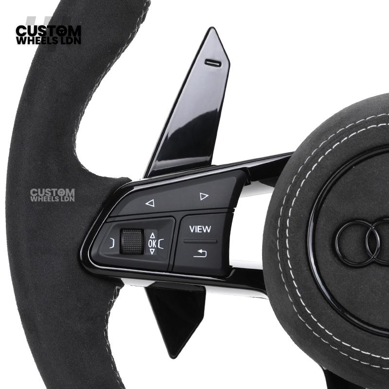Audi Custom R8-Style Flat Bottom Steering Wheel – Alcantara Grip, Red Centre Stripe, White Stitching, Gloss Black Paddles | Fits A4, A5, S5, A6, A7, S6, S7, Q5, SQ5 + more | Plug & Play | With Airbag | Upgrade for Older Models Available