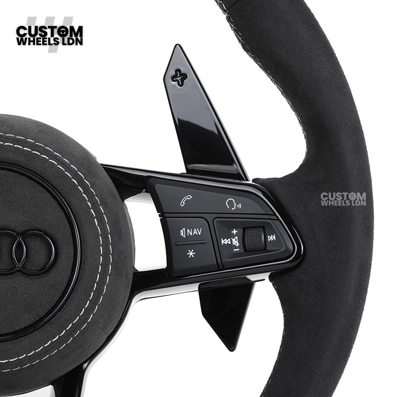 Audi Custom R8-Style Flat Bottom Steering Wheel – Alcantara Grip, Red Centre Stripe, White Stitching, Gloss Black Paddles | Fits A4, A5, S5, A6, A7, S6, S7, Q5, SQ5 + more | Plug & Play | With Airbag | Upgrade for Older Models Available