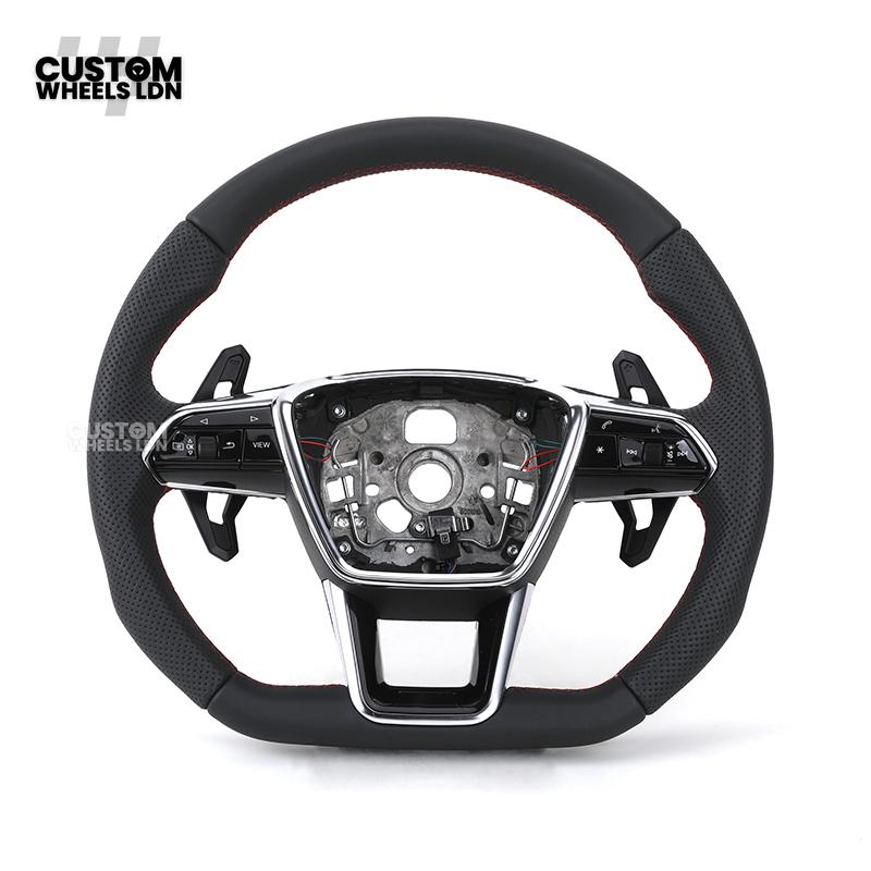 Audi Custom S-Line Flat Bottom Steering Wheel – Black Leather, Red Stitching, Urus Paddles | Fits A1, A3, S3, A4, A5, S5, Q2, Q3, Q5, SQ5 + more | Plug & Play | With Airbag