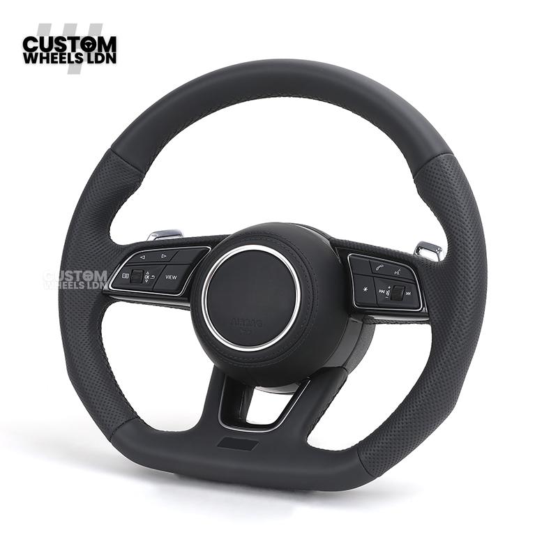 Audi Custom B9 Flat Bottom Steering Wheel – Black Leather, Silver Paddles, S Badge | Fits A4, S4, A5, S5, Q5, SQ5, A6, A7 + more | Plug & Play | With Airbag | Upgrade for Older Models Available