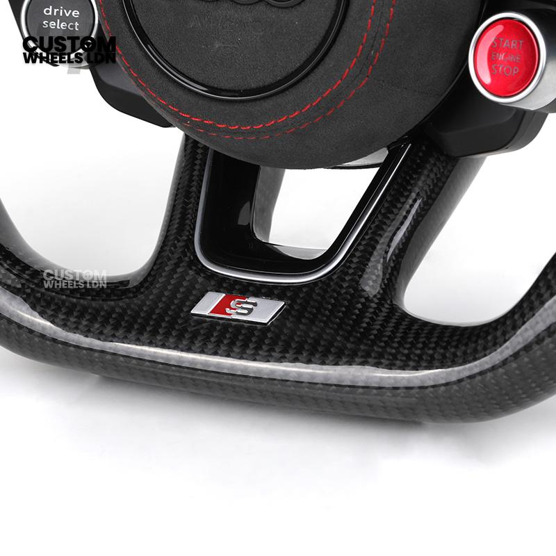 Audi Custom B9 Flat Bottom Steering Wheel – Alcantara Grip, Carbon Top & Bottom, Red Stitching, Black Paddles, Start Button | Fits A4, S4, A5, S5, Q5, SQ5, A6, A7, S6, S7 + more | Plug & Play | With Airbag | Upgrade for Older Models Available