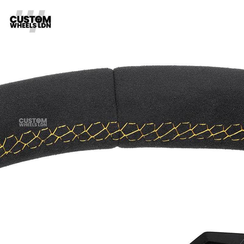 Audi Custom R8-Style Flat Bottom Steering Wheel – Alcantara Grip, Yellow Stitching, Black Paddles, Start Button | Fits A4, A5, S5, A6, A7, S6, S7, Q5, SQ5 + more | Plug & Play | With Airbag | Upgrade for Older Models Available