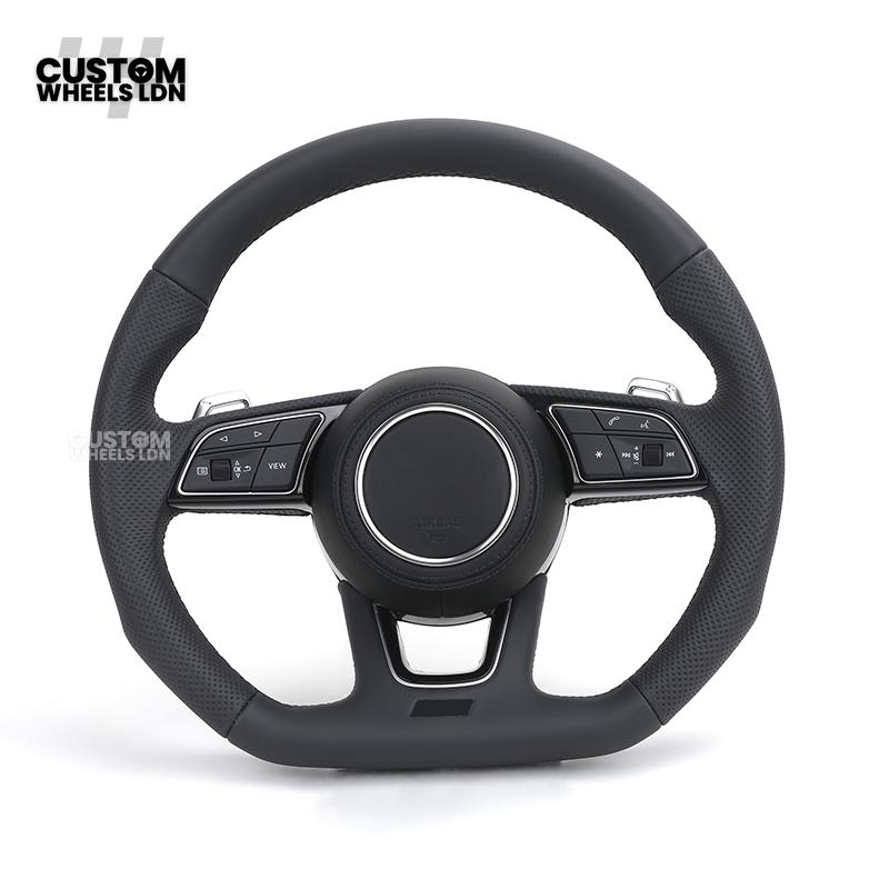 Audi Custom B9 Flat Bottom Steering Wheel – Black Leather, Silver Paddles, S Badge | Fits A4, S4, A5, S5, Q5, SQ5, A6, A7 + more | Plug & Play | With Airbag | Upgrade for Older Models Available