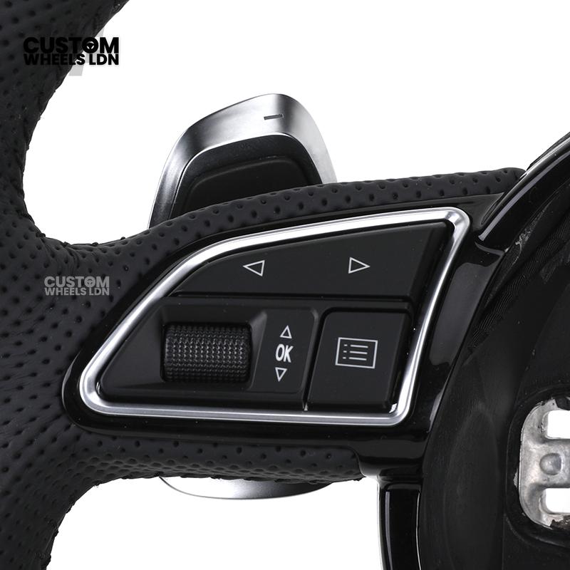 Audi Custom 8V Round Steering Wheel – Black Leather, Perforated Grips, Silver Paddles, Chrome Trim | Fits A3, S3, RS3 8V, A1, Q2, TT + more | Plug & Play | With Airbag | Upgrade for Older Models Available