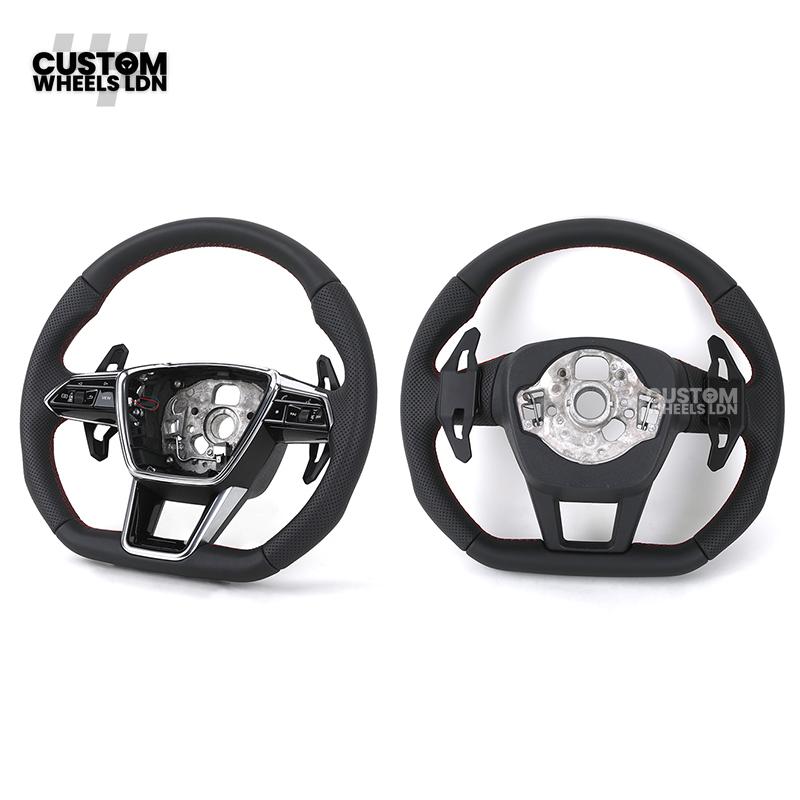 Audi Custom S-Line Flat Bottom Steering Wheel – Black Leather, Red Stitching, Urus Paddles | Fits A1, A3, S3, A4, A5, S5, Q2, Q3, Q5, SQ5 + more | Plug & Play | With Airbag