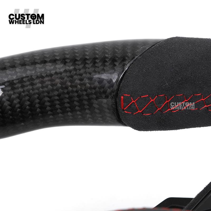 Audi Custom B9 Flat Bottom Steering Wheel – Alcantara Grip, Carbon Top & Bottom, Red Stitching, Black Paddles, Start Button | Fits A4, S4, A5, S5, Q5, SQ5, A6, A7, S6, S7 + more | Plug & Play | With Airbag | Upgrade for Older Models Available