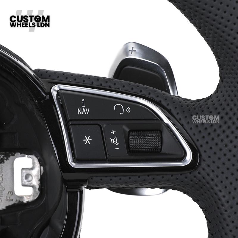 Audi Custom 8V Round Steering Wheel – Black Leather, Perforated Grips, Silver Paddles, Chrome Trim | Fits A3, S3, RS3 8V, A1, Q2, TT + more | Plug & Play | With Airbag | Upgrade for Older Models Available