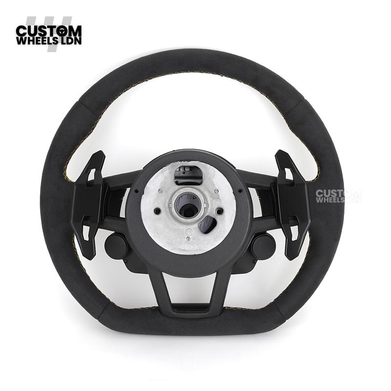 Audi Custom R8-Style Flat Bottom Steering Wheel – Alcantara Grip, Yellow Stitching, Black Paddles, Start Button | Fits A4, A5, S5, A6, A7, S6, S7, Q5, SQ5 + more | Plug & Play | With Airbag | Upgrade for Older Models Available