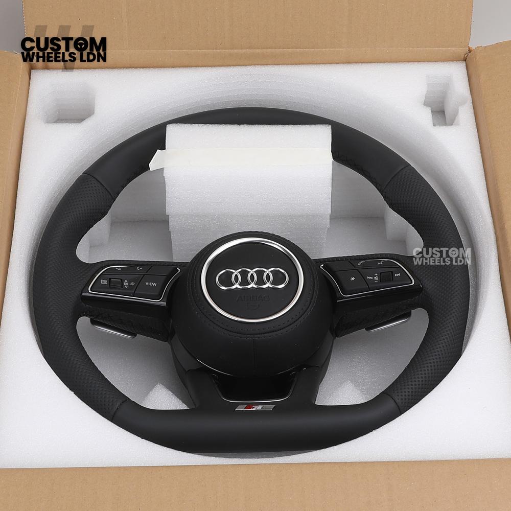 Audi Custom B9 Flat Bottom Steering Wheel – Black Leather, Silver Paddles, S Badge | Fits A4, S4, A5, S5, Q5, SQ5, A6, A7 + more | Plug & Play | With Airbag | Upgrade for Older Models Available