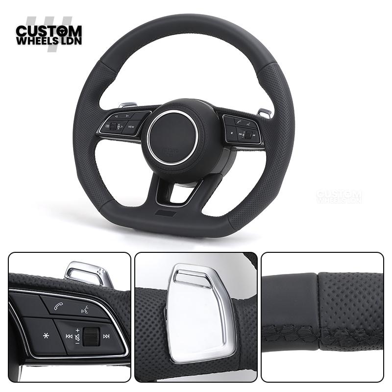 Audi Custom B9 Flat Bottom Steering Wheel – Black Leather, Silver Paddles, S Badge | Fits A4, S4, A5, S5, Q5, SQ5, A6, A7 + more | Plug & Play | With Airbag | Upgrade for Older Models Available