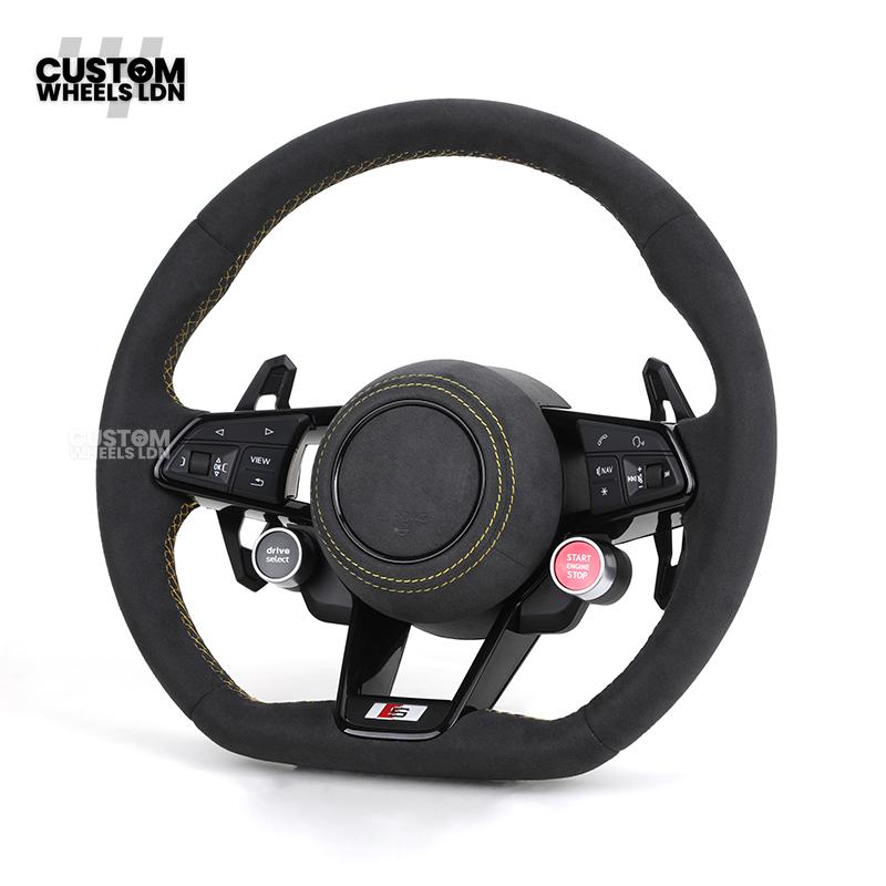 Audi Custom R8-Style Flat Bottom Steering Wheel – Alcantara Grip, Yellow Stitching, Black Paddles, Start Button | Fits A4, A5, S5, A6, A7, S6, S7, Q5, SQ5 + more | Plug & Play | With Airbag | Upgrade for Older Models Available