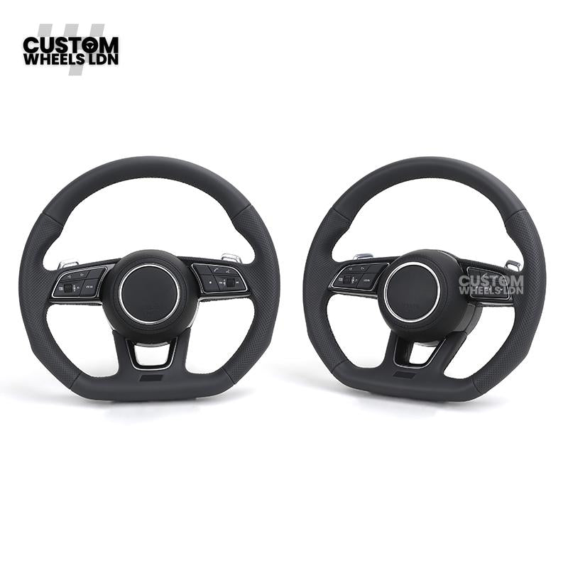 Audi Custom B9 Flat Bottom Steering Wheel – Black Leather, Silver Paddles, S Badge | Fits A4, S4, A5, S5, Q5, SQ5, A6, A7 + more | Plug & Play | With Airbag | Upgrade for Older Models Available