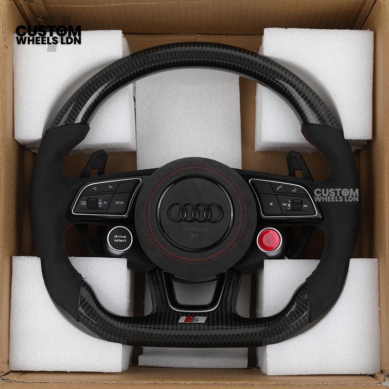 Audi Custom B9 Flat Bottom Steering Wheel – Alcantara Grip, Carbon Top & Bottom, Red Stitching, Black Paddles, Start Button | Fits A4, S4, A5, S5, Q5, SQ5, A6, A7, S6, S7 + more | Plug & Play | With Airbag | Upgrade for Older Models Available